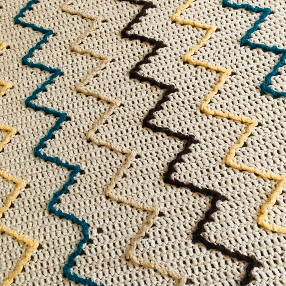 Vintage Handmade Crochet Afghan Throw Blanket Zig Zag Cream Teal Brown 59”x75” - Picture 6 of 8